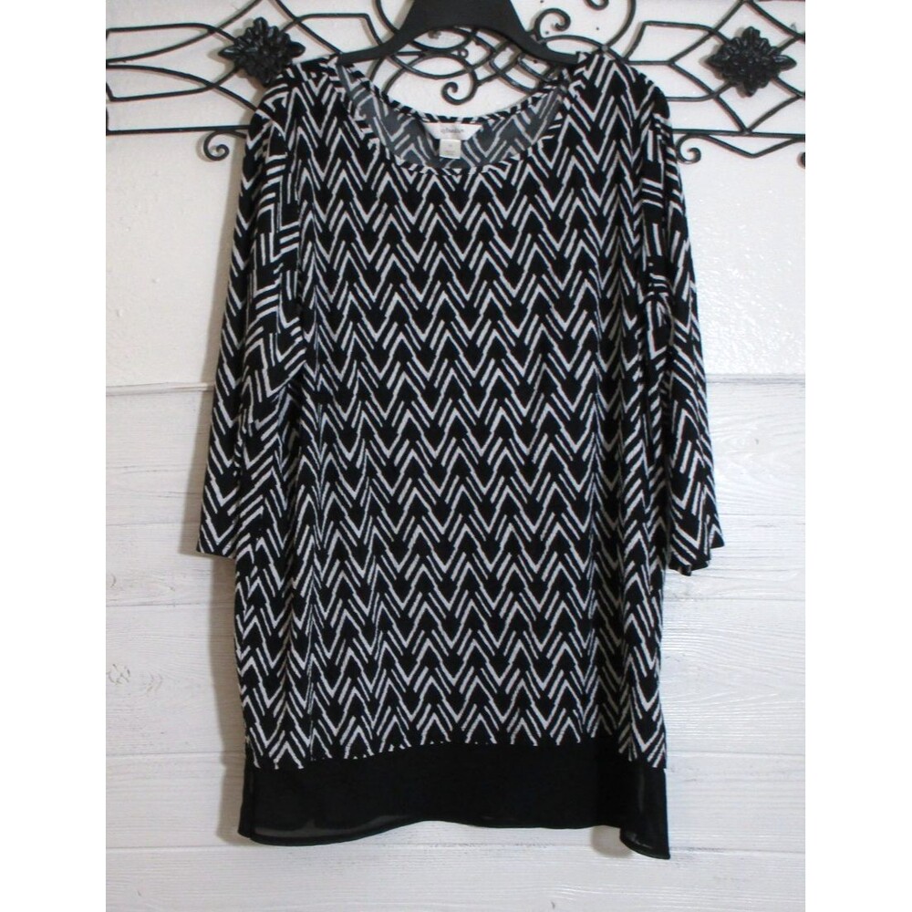 CJ Banks Knit Top Women's Size 1X Black Striped Knit 3/4 Sleeve Round Neck
